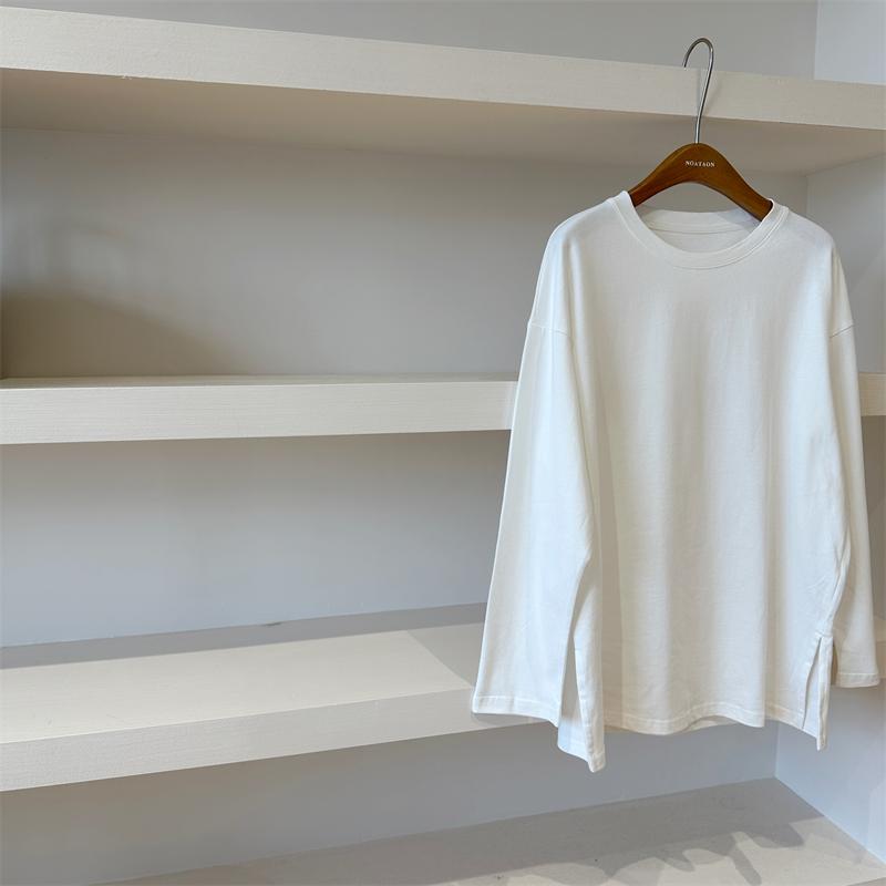 レディース トップス 春夏 コットン 長袖 丸首 Tシャツ 中長丈 ホワイト ベーシック レイヤード スリット インナー ソフト 素材 普段使い 合わせやすい スタイル