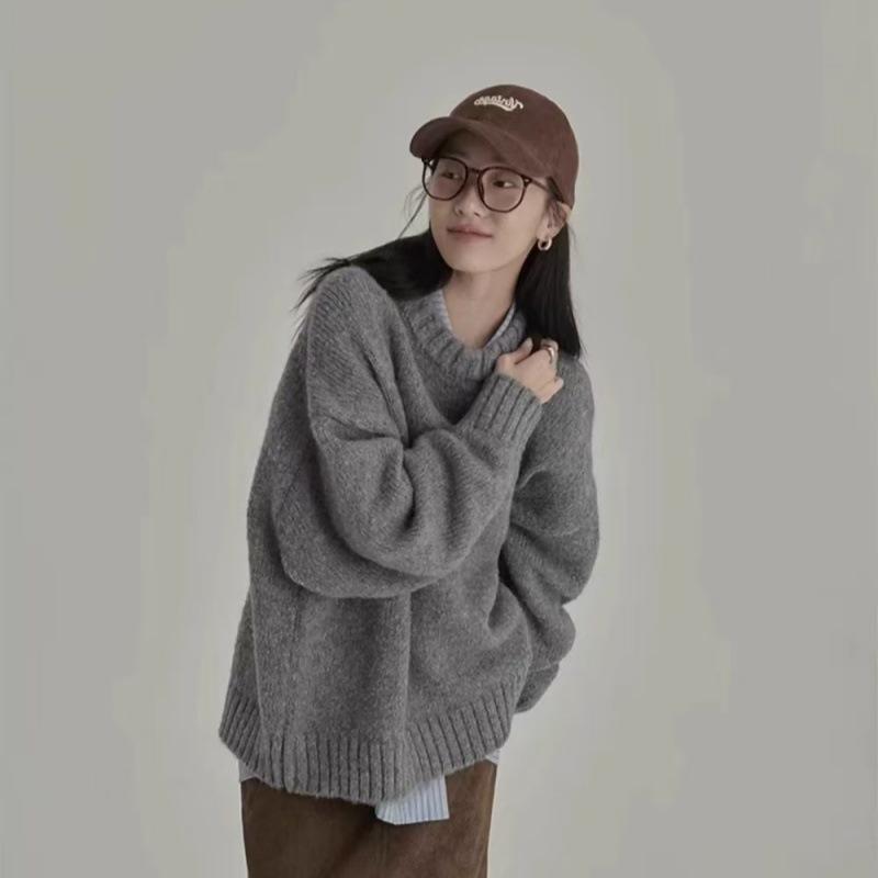 セーター レディース ゆったり 丸首 長袖 厚手 100% 羊毛 プルオーバー ニット トップス カジュアル 普段使い 暖か 柔らか 素材 ウール