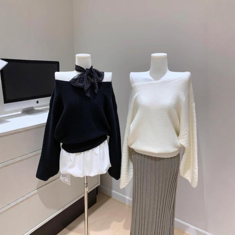 ニット トップス レディース オフショルダー ランタン袖 パフスリーブ ベージュ ブラック 伸縮性 柔らかい 普段使い 通勤対応 軽量 ふんわりシルエット