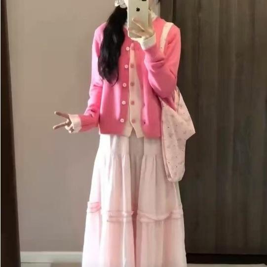 レディース ピンク ニット カーディガン 春 ゆったり 高級感 セーター アウター 韓国 トップス 柔らか素材 軽量 普段使い ルーズシルエット