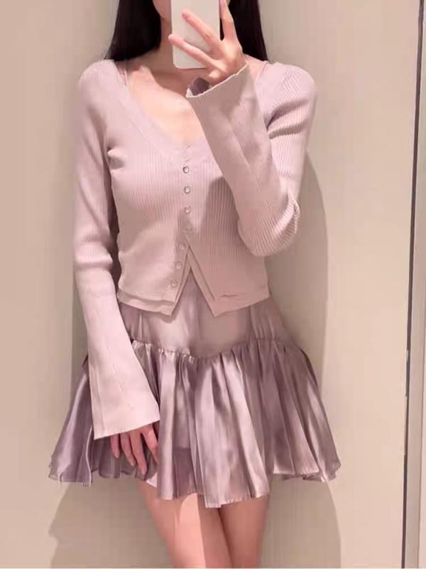 レディース 長袖 編み物 ジレー Vのど首 2点仕掛ける 愛くるしげ トップス 春夏 短か目 普段使い走り 伸縮性 軽さ 合わせ分かりやすい