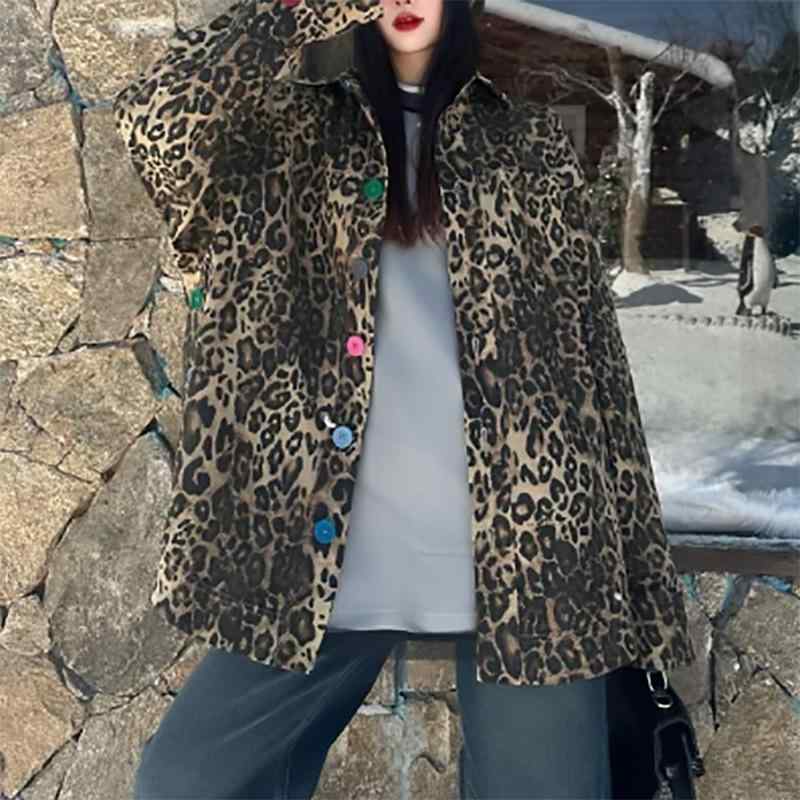 春夏 ヒョウ柄 長袖 シャツ アウター 中長丈 ユニークデザイン カラフルボタン トップス コート 個性派 ストリートファッション 軽量 伸縮性