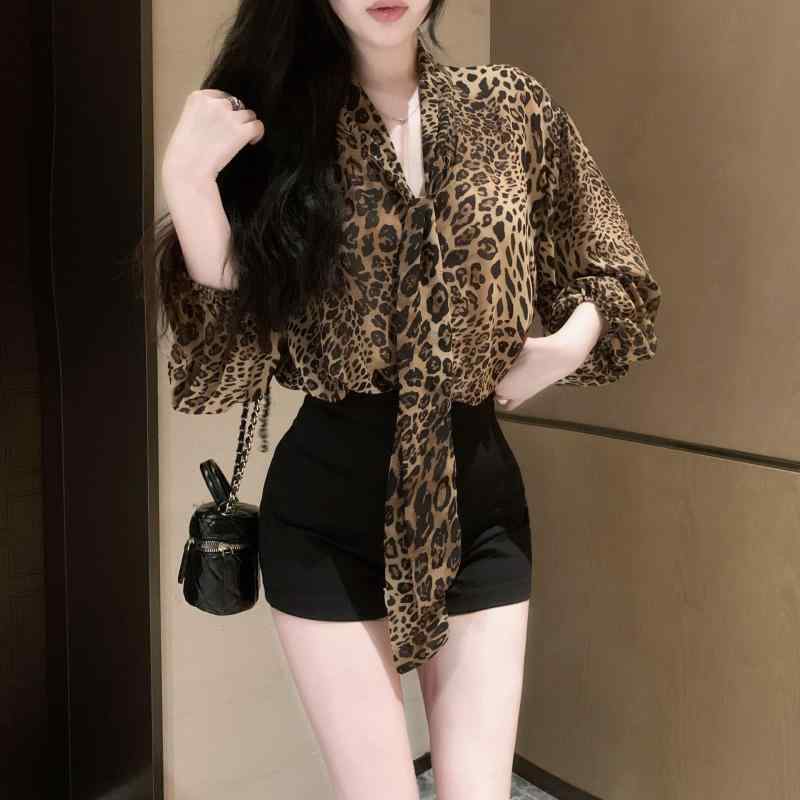 レディース ブラウス 夏用 ヒョウ柄 シフォン ハンギングネック フレンチ ランタンスリーブ UVカット 防晒 軽量 通気性 スタイリッシュ エレガント トップス
