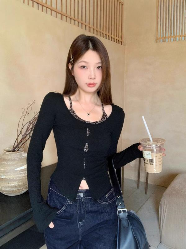 レディース Tシャツ ビッグサイズ 秋 セクシー フェイクツーピース ヒョウ柄 切り替え 透け スリムフィット ボディライン トップス カジュアル 普段使い 伸縮性