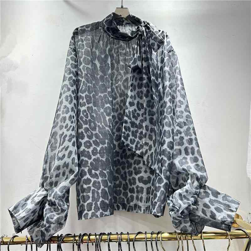 シャツ 長袖 ヒョウ柄 ストリート 個性派 ランタンスリーブ 大型蝶結び 腰紐付き 不規則デザイン プルオーバー 秋 トレンド コットン混 軽量 伸縮性 普段使い カジュアルスタイル