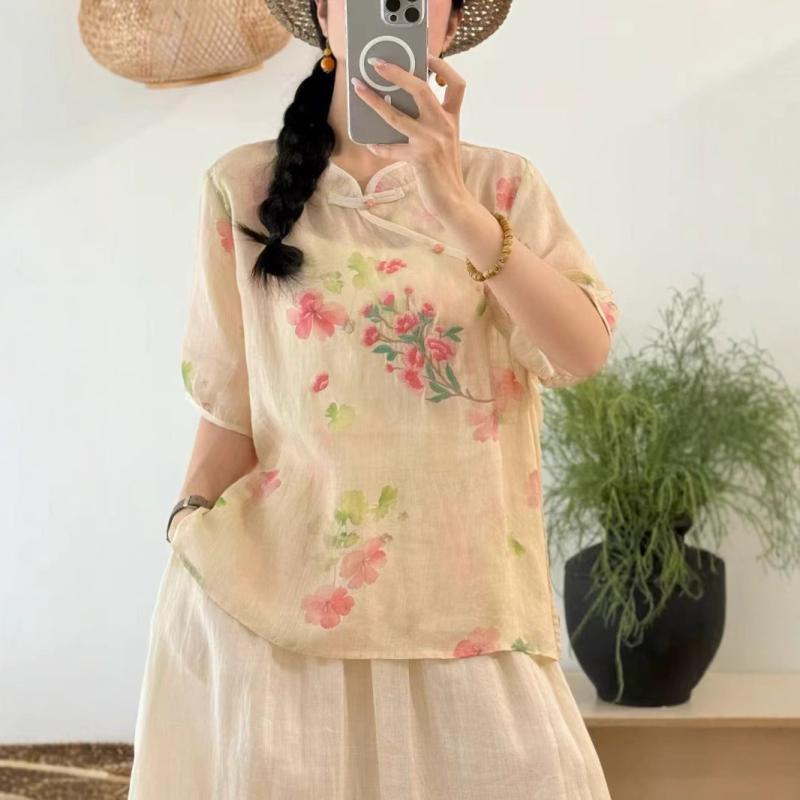 レディース 短袖 ブラウス 麻 刺繍 盤扣 立領 夏 レトロ ボヘミアン スタイル 軽量 通気性 吸湿速乾 トップス シャツ