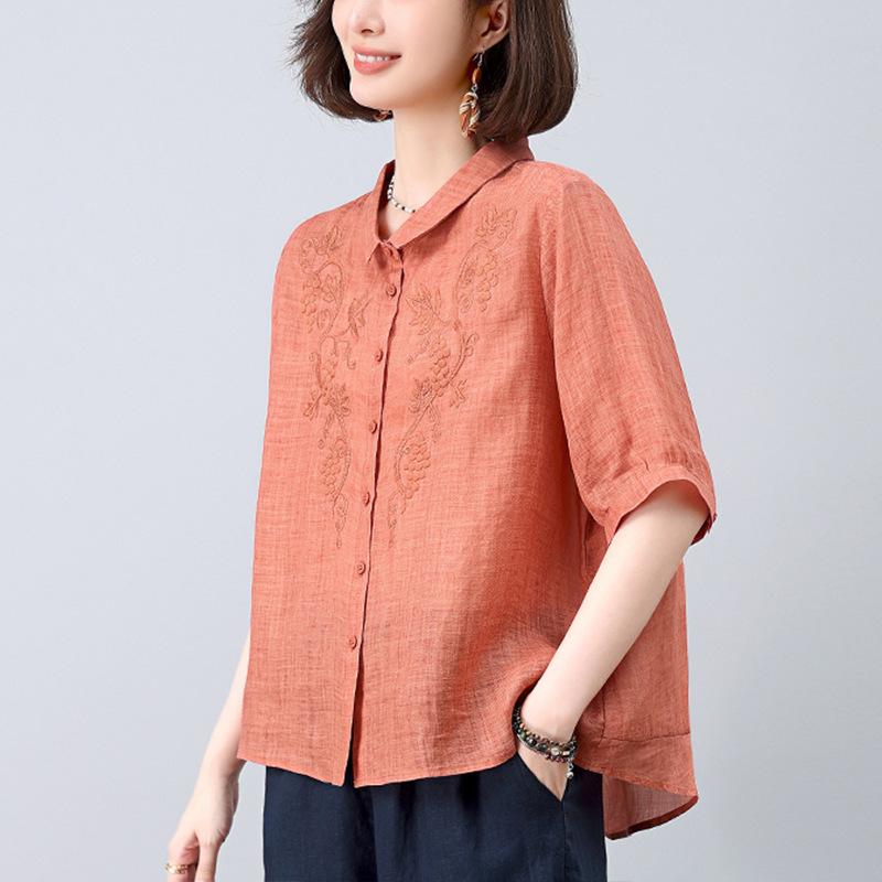 レディース 半袖 ブラウス ラミー 素材 夏用 ゆったり レトロ おしゃれ トップス 大人女性 カジュアル 軽量 通気性 吸湿速乾 涼しい 普段使い ルーズフィット Vネック シンプル デザイン
