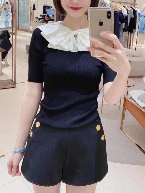 ニットトップス レディース 短袖 透け透け フラウンス お人形さん色合い シュロの葉 つがい結び 愛くるしい 絵図面 夏用 軽さ 伸縮性 綿織物混 甘め 表現スタイル トップ 普段使い レディースファッション-トップス-シャツ・ブラウス