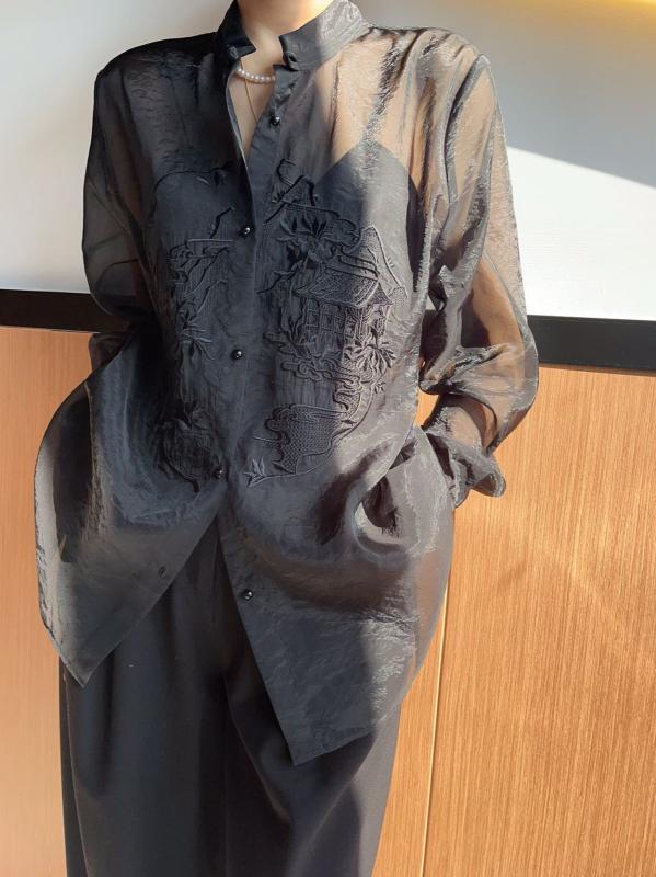 レディース 夏 長袖 中国刺繍 シャツ フランス エレガント トップス 通勤用 ビジネス 知的 スタイル 軽量 コットン 洗練 デザイン｜みやショップ店