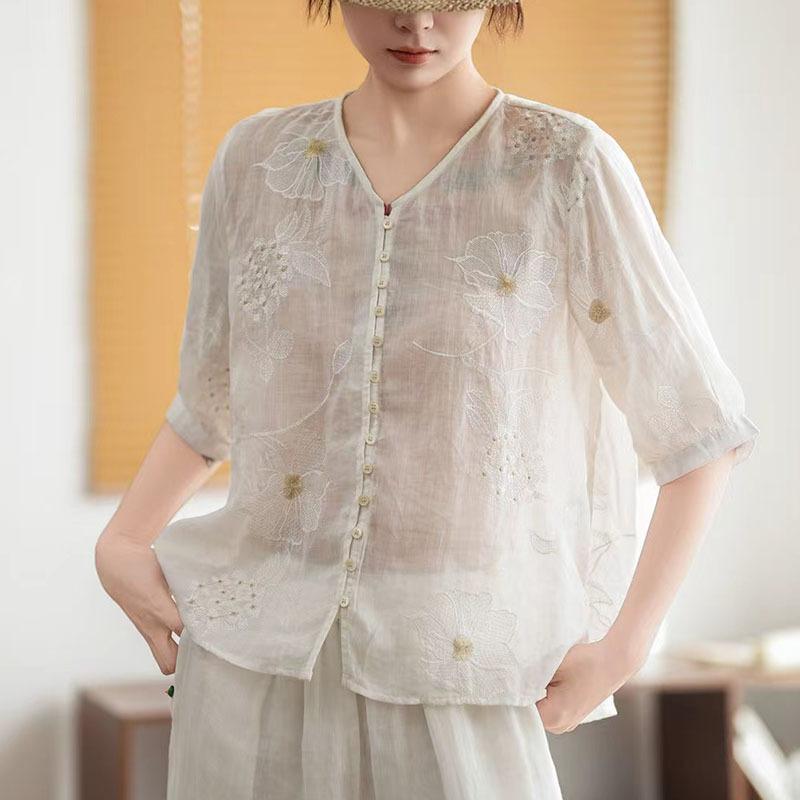 シャツ レディース 麻 花柄刺繍 Vネック 半袖 夏用 通気性 薄手 カジュアル トップス 吸湿速乾 軽量 普段使い 切り替えデザイン