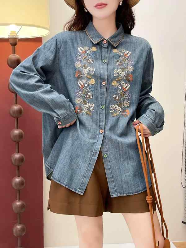 シャツ レディース デニム 長袖 刺繍 カジュアル 秋 高級感 普段使い 切り替え デザイン 軽量 伸縮性 吸湿速乾 通勤 通年