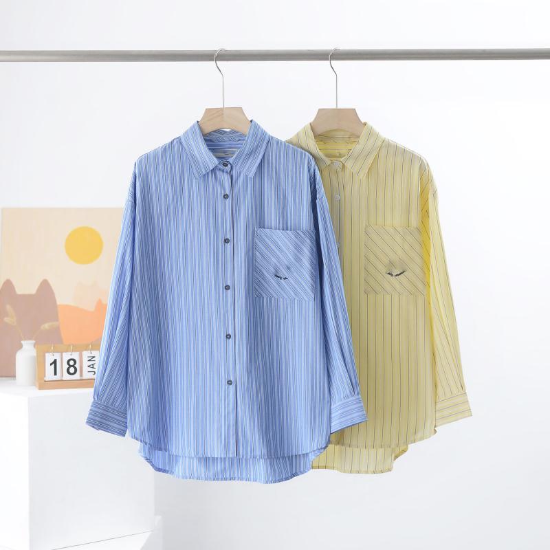 シャツ 男女兼用 長袖 ストライプ 刺繍 ゆったり カジュアル トップス 日常使い リラックスフィット ユニセックス デザイン