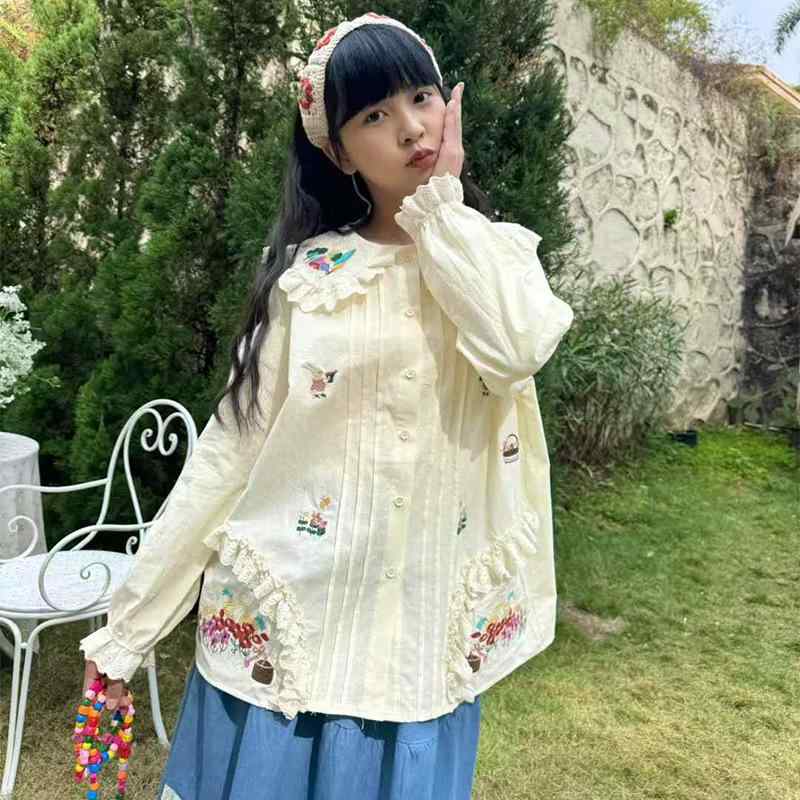 ブラウス レディース ピーターパンカラー 長袖 レース 花柄 刺繍 かわいい スイート デザイン おしゃれ 若々しい アート ファッション トップス カジュアル 普段使い