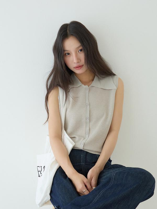 レディース 無袖 ポロ襟 ニット タンクトップ 韓国 夏用 カジュアル トップス 軽量 伸縮性 コーディネートしやすい