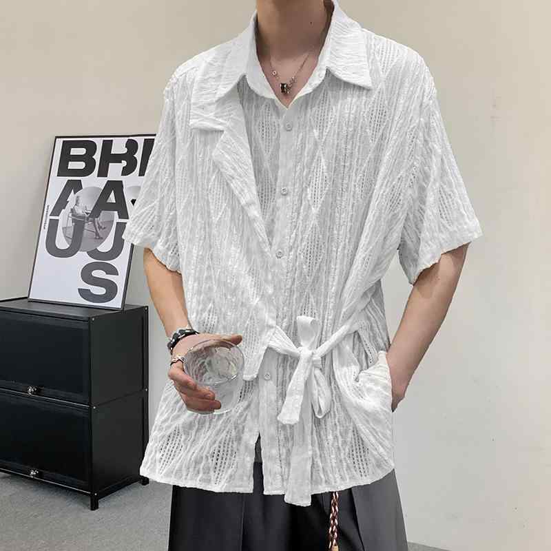 半袖シャツ 男女用 夏用 中華 レトロ 透け 織柄 質感 リボン デザイン 個性的 トップス エスニック 軽量 綿素材 普段使い