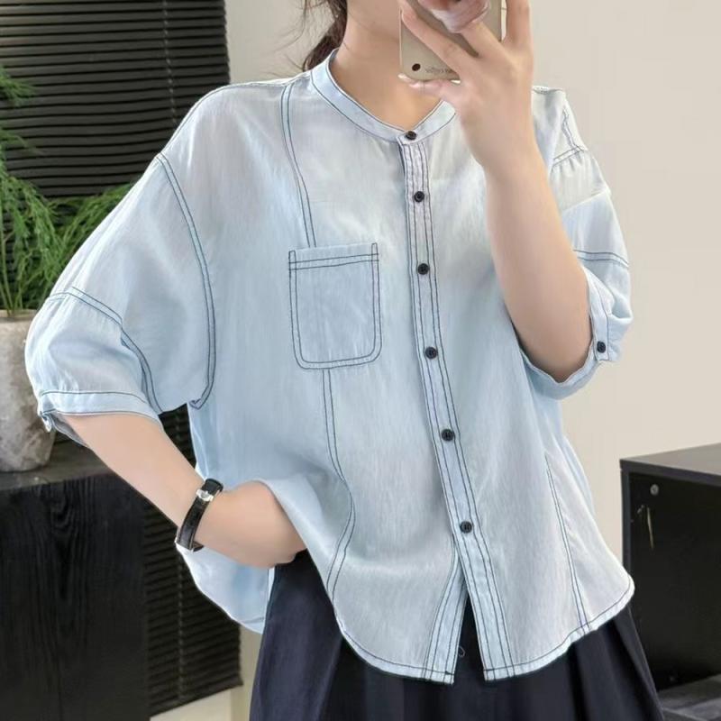シャツ レディース 夏 シンプル 無地 丸首 シングルブレスト ゆったり 七分袖 ステッチ トップス カジュアル 普段使い 軽量 吸湿速乾 コットン混 ビッグシルエット コーディネートしやすい