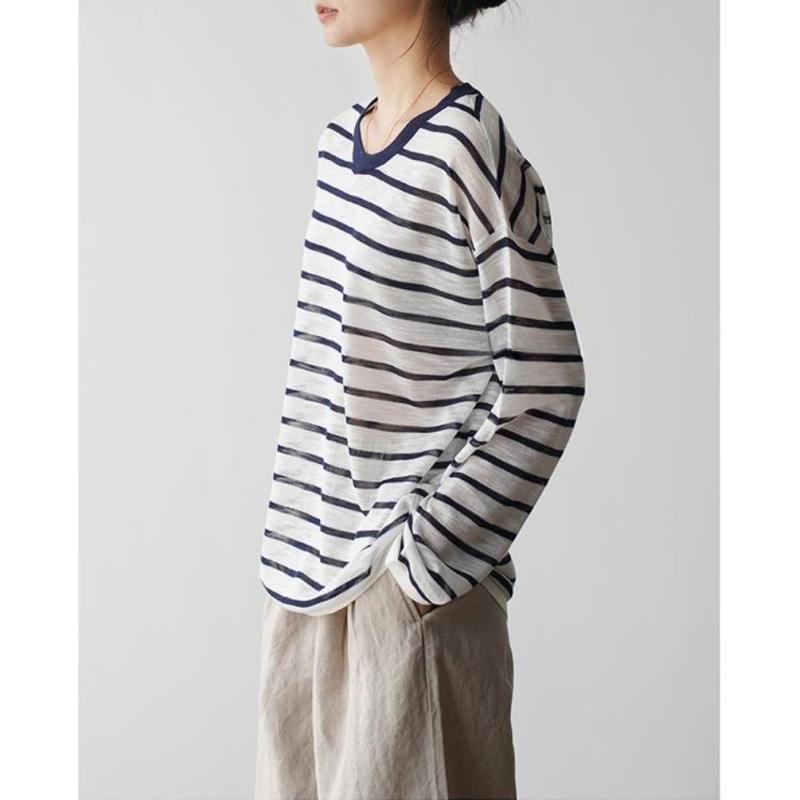 レディース 長袖 トップス 麻 ストライプ UVカット ニット シャツ 薄手 接触冷感 ゆったり 夏用 アウトドア 普段使い 軽量 吸湿速乾