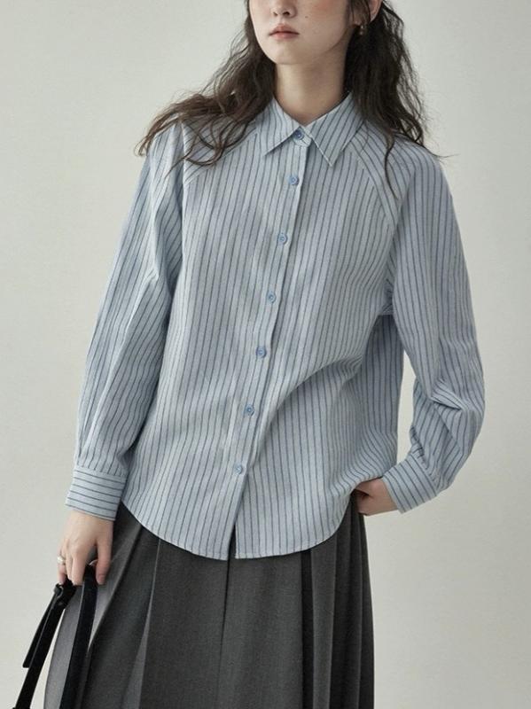 女性用 シャツ ポロ襟 ラグラン袖 ブルー ストライプ レトロ ゆったり トップス 春秋 カジュアル 日常使い 軽量 コットン混 長袖 Vネック