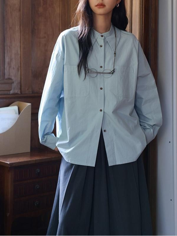 長袖シャツ レディース スカイブルー ポインテッドカラー シンプル Hシルエット 上品 酵素洗い 柔らかい肌触り 綿混 トップス ブラウス 通勤用 普段使い