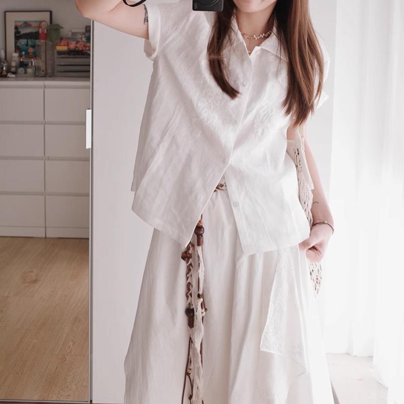 レディース シャツ 白 短袖 天然リネン 高級刺繍 復古 夏用 トップス ブラウス 軽量 吸湿速乾 涼しい 麻素材