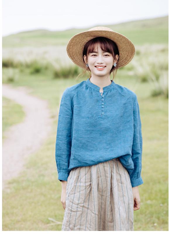 レディース リネン シャツ フレンチ レトロ スタンドカラー ラムスリーブ 白 通気性 軽量 カジュアル トップス ブラウス 女性用 アート 夏向き 吸湿 速乾 形状 ハイネック フレアスリーブ アイボリー系