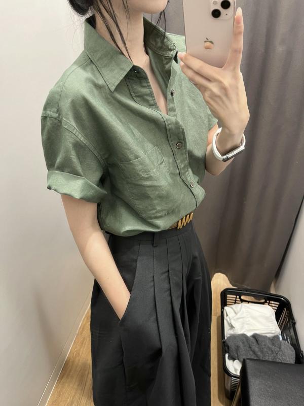 ブラウス 女性用 緑色 短袖 綿麻 夏用 高級感 デザイン 通勤向け 小柄対応 軽量 通気性 吸湿速乾 トップス