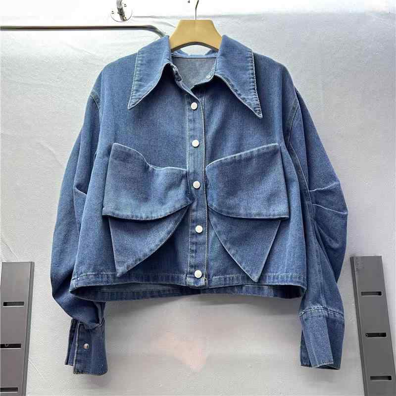 レディース 秋 デニム 長袖 ショート丈 立体 蝶結び プリーツ デザイン シャツ ジャケット ユニーク スタイル トップス 軽量 素材 カジュアル 普段使い|みやショップ店