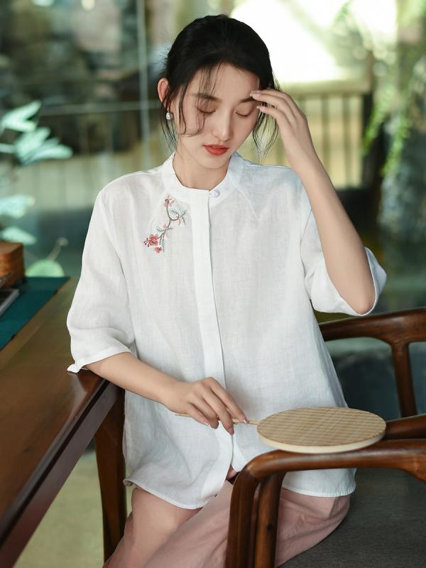 シャツ レディース 春夏 中国 刺繍 レトロ 綿麻 麻素材 軽量 吸湿速乾 トップス ブラウス 女性上衣 復古デザイン