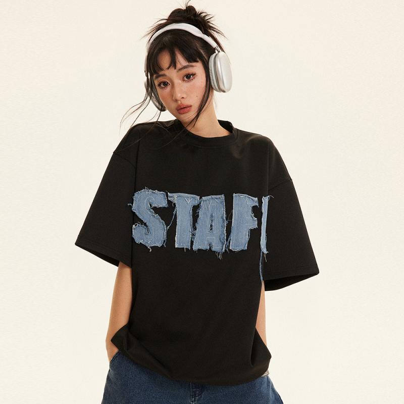 Tシャツ メンズ デニム 文字プリント アップリケ 短袖 夏用 カジュアル ストリート スタイル 丸首 5分袖 トップス コットン混 軽量 吸湿速乾 通勤 普段使い