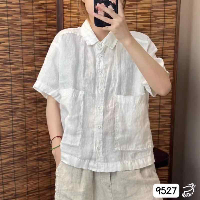 シャツ レディース 夏 ゆったり シンプル リネン 大ポケット 襟付き 短袖 カジュアル トップス 普段使い 吸湿速乾 軽量 ルーズフィット