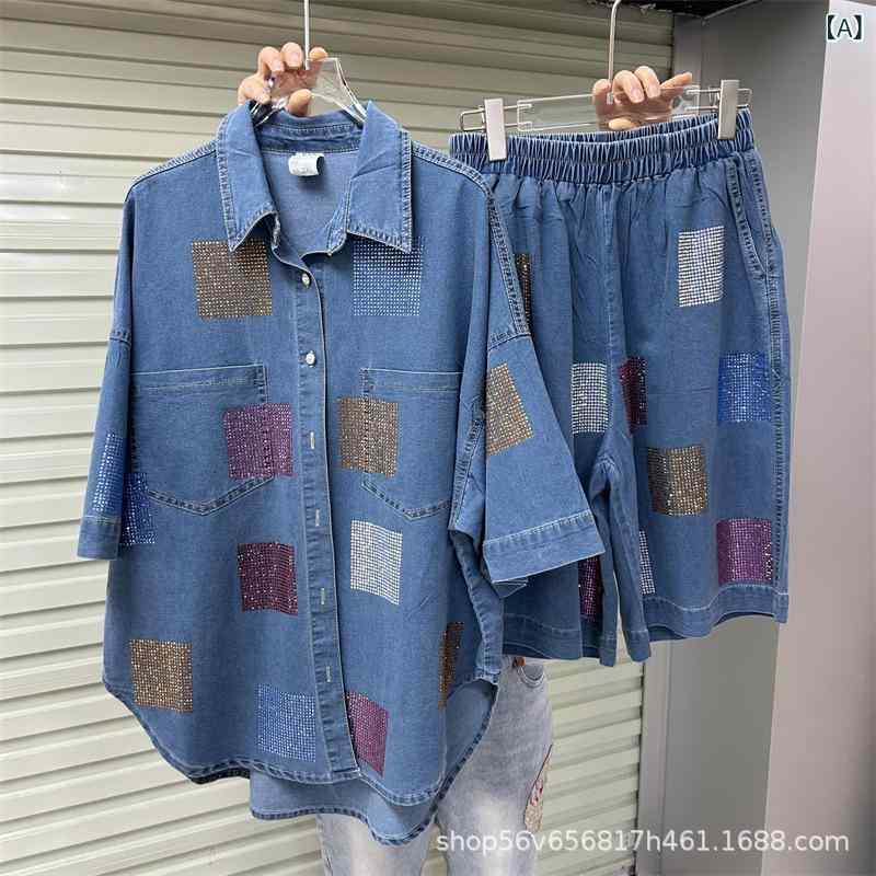 夏 チェック柄 デニム シャツ トップス ワイドレッグ ショートパンツ セット ジルコニア 装飾 ドローコード カジュアル スタイル 軽量 素材 吸湿速乾
