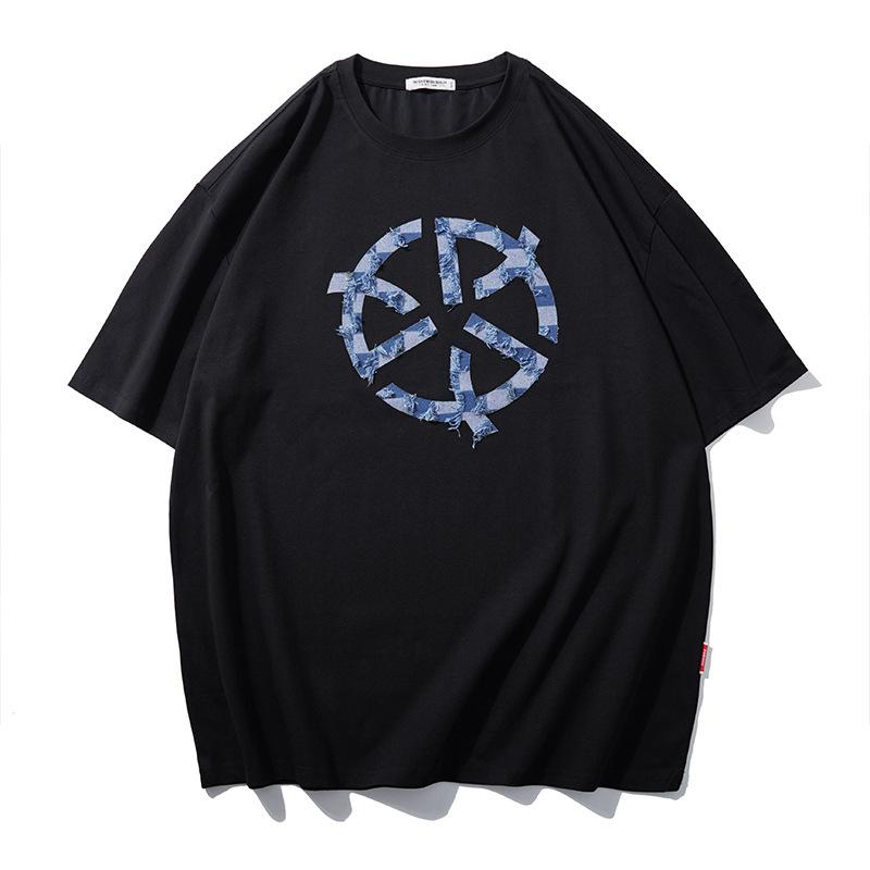 メンズ Tシャツ 夏 大きめサイズ デニム生地 プリント柄 落とし肩 ゆったりワイドシルエット カジュアルトップス 吸湿速乾 軽量素材 ビッグシルエット 通勤普段使い｜みやショップ店