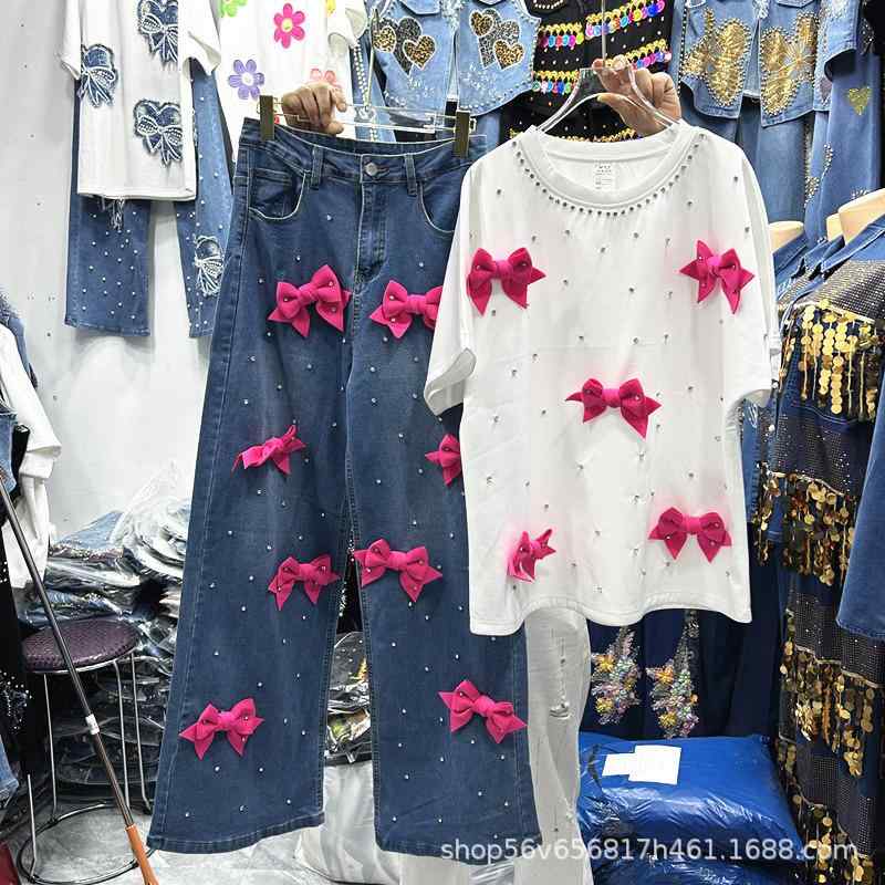 短袖 Tシャツ トップス ジルコニア 蝶結び リボン 装飾 デニム ワイドレッグ ロングパンツ ボトムス 2点セット 高級感 カジュアル コーディネート セット