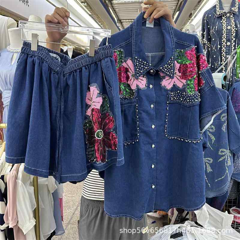 シャツ ショーツ デニム トップス セット スパンコール 立体 フラワー 装飾 ワイド レッグ 伸縮 ウエスト カジュアル スタイル 欧米