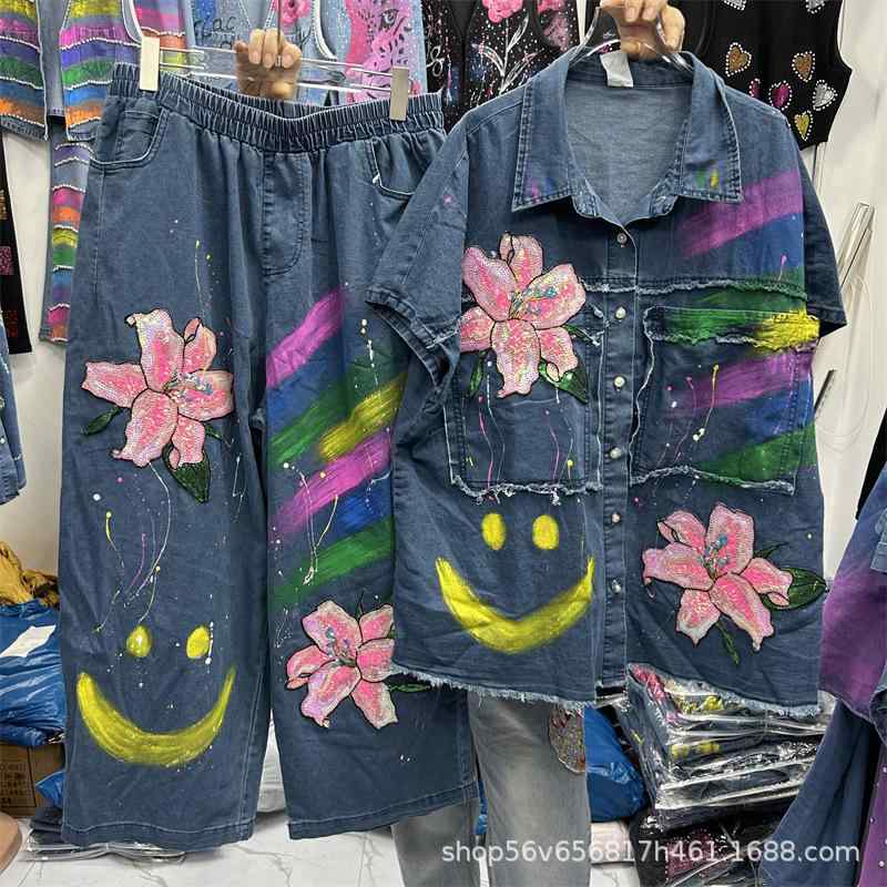レディース ゆったり デニム シャツ トップス 花柄 スパンコール 手描き ワイドレッグ パンツ エラスティックウェスト 2ピース セット カジュアル スタイル ルーズフィット コットン混 素材 軽量 快適 普段使い