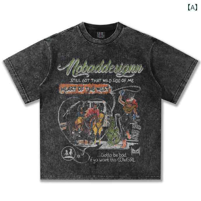 Tシャツ メンズ 短袖 夏用 デニム アメリカンイラスト プリント ヴィンテージ加工 厚手 コットン素材 吸湿速乾 普段使い カジュアルスタイル ビッグシルエット ブラック グレー系