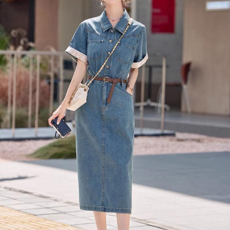 ワンピース レディース 夏 デニム 薄手 ゆったり 細見え 小柄 ショートスリーブ 港 レトロ シャツドレス カジュアル ルーズフィット 軽量 通勤 普段使い