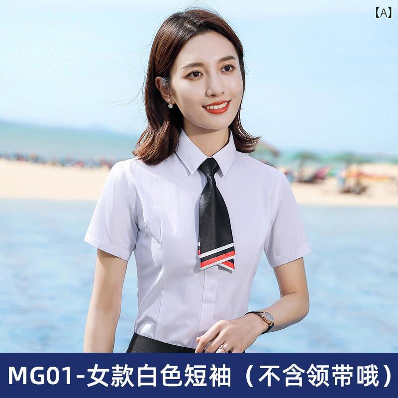 ワイシャツ 男女用 短袖 ブルー ビジネス 制服 通勤 フォーマル トップス コットン ブレンド 快適 吸湿速乾 軽量 伸縮性