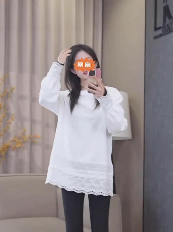 Tシャツ レディース 長袖 白 綿 素材 フリル 袖 切り替え 中長丈 インナー トップス ゆったり シルエット 春秋 普段使い 柔らかい 肌触り