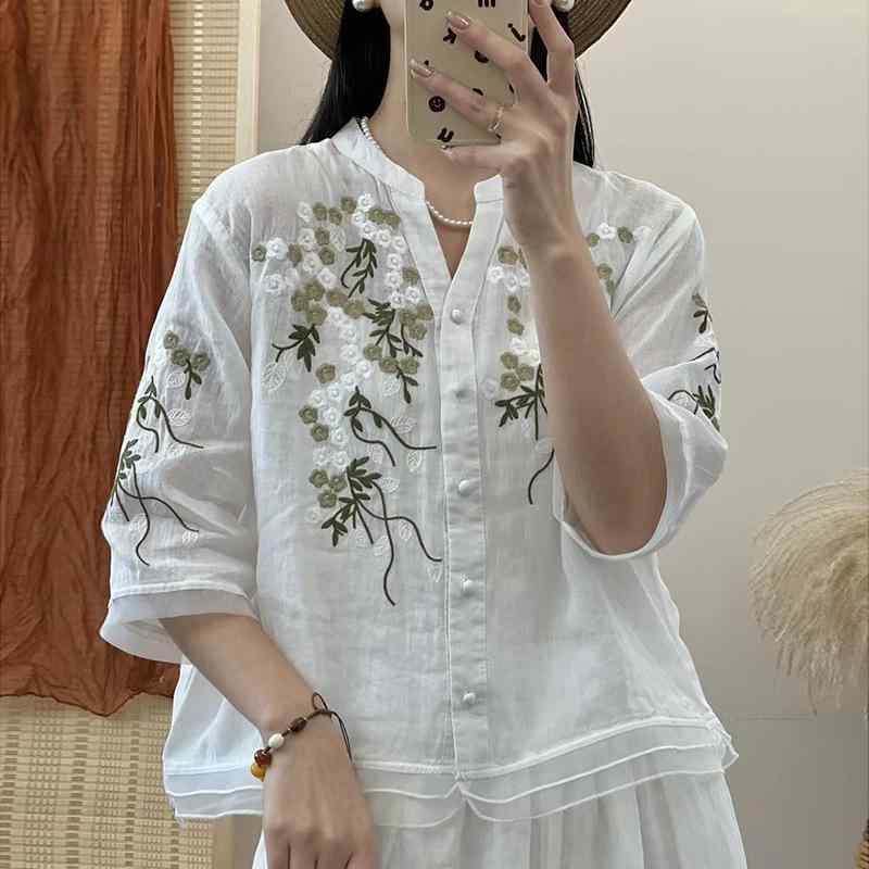 レディース 夏用 Vネック 七分袖 刺繍 ラミーシャツ ゆったりシルエット 無地 軽量 吸湿速乾 トップス ブラウス
