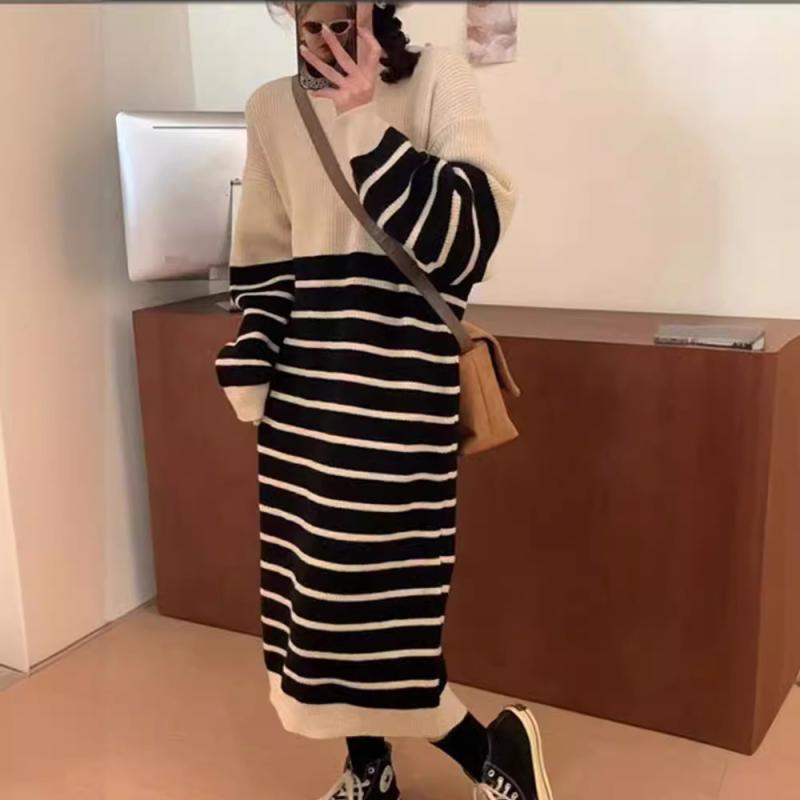 ワンピース レディース 秋冬 ニットセーター ストライプ柄 レトロ カジュアル 中長丈 ルーズ ゆったり 暖か 伸縮性 柔らかい素材