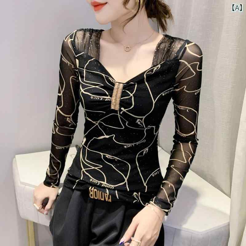 レディース 長袖 Vネック トップス セクシー レース スパンコール タイト 暖か インナー 秋冬 ファッション スタイリッシュ ボディフィット レイヤリング