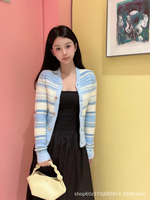 ニットカーディガン レディース 秋 ストライプ 配色 モヘア混紡 ゆったり かわいい 甘め スタイル 暖か 軽量 ソフト フェミニン デザイン