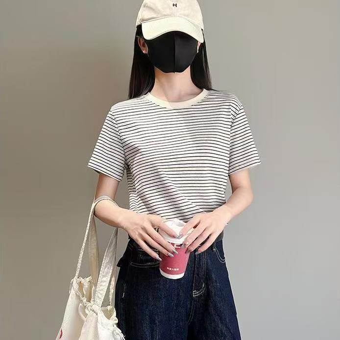 Tシャツ 夏用 短袖 クルーネック ストライプ柄 ゆったりシルエット スリム効果 スタイリッシュ デザイン 合わせやすい インナー トップス カジュアル 普段使い