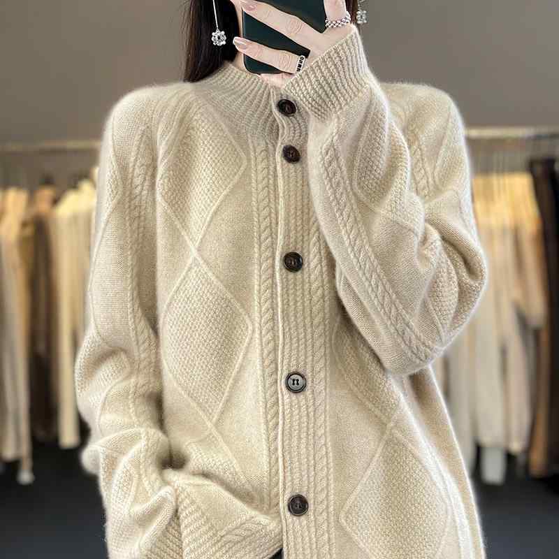 レディース カーディガン 秋冬 純羊毛 半ハイネック 菱形格子 ニット ゆったり シルエット 暖か レイヤード トップス｜みやショップ店