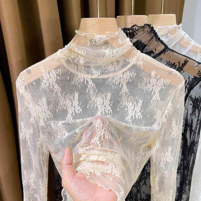 レディース ブラウス 白 ハイネック レース インナー トップス 秋冬 高級感 フリル チュール レイヤード シャツ 伸縮性 軽量 接触冷感