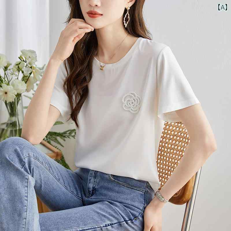 Tシャツ レディース 短袖 ゆったり シルク調 夏用 トップス ブラウス 接触冷感 吸湿速乾 軽量 普段使い 肩落ちなし