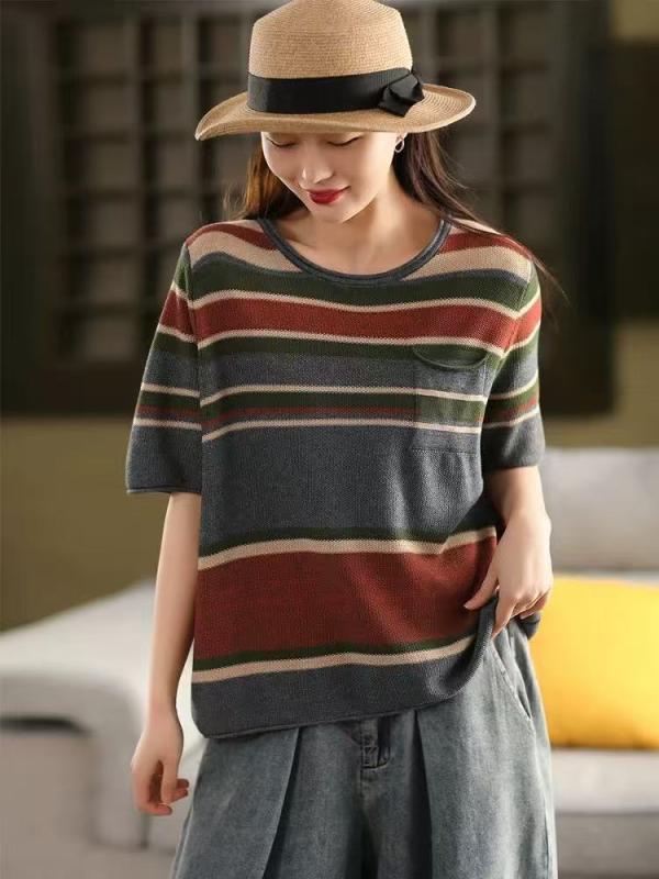 Tシャツ レディース 春夏 レトロ ボヘミアン 配色 ストライプ 綿 ニット ショートスリーブ クルーネック スリム シルエット 軽量 カジュアル 伸縮性