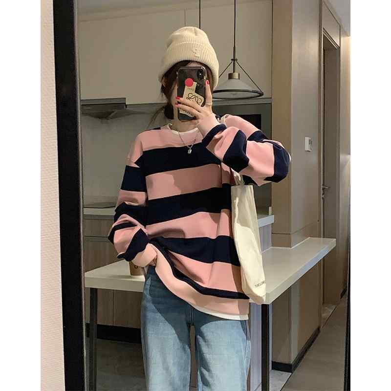 レディース スウェット アウター 秋 ピンク ストライプ ゆったり コットン フェイクツーピース デザイン カジュアル 普段使い 軽量 柔らかい トップス