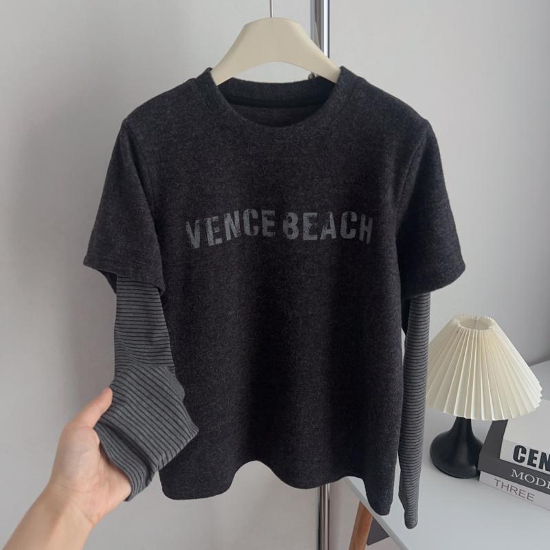 長袖Tシャツ レディース フランネル 偽ツーピース アルファベットプリント ストライプ柄 起毛加工 ルーズフィット スリム効果 インナートップス 暖か素材 秋冬 普段使い